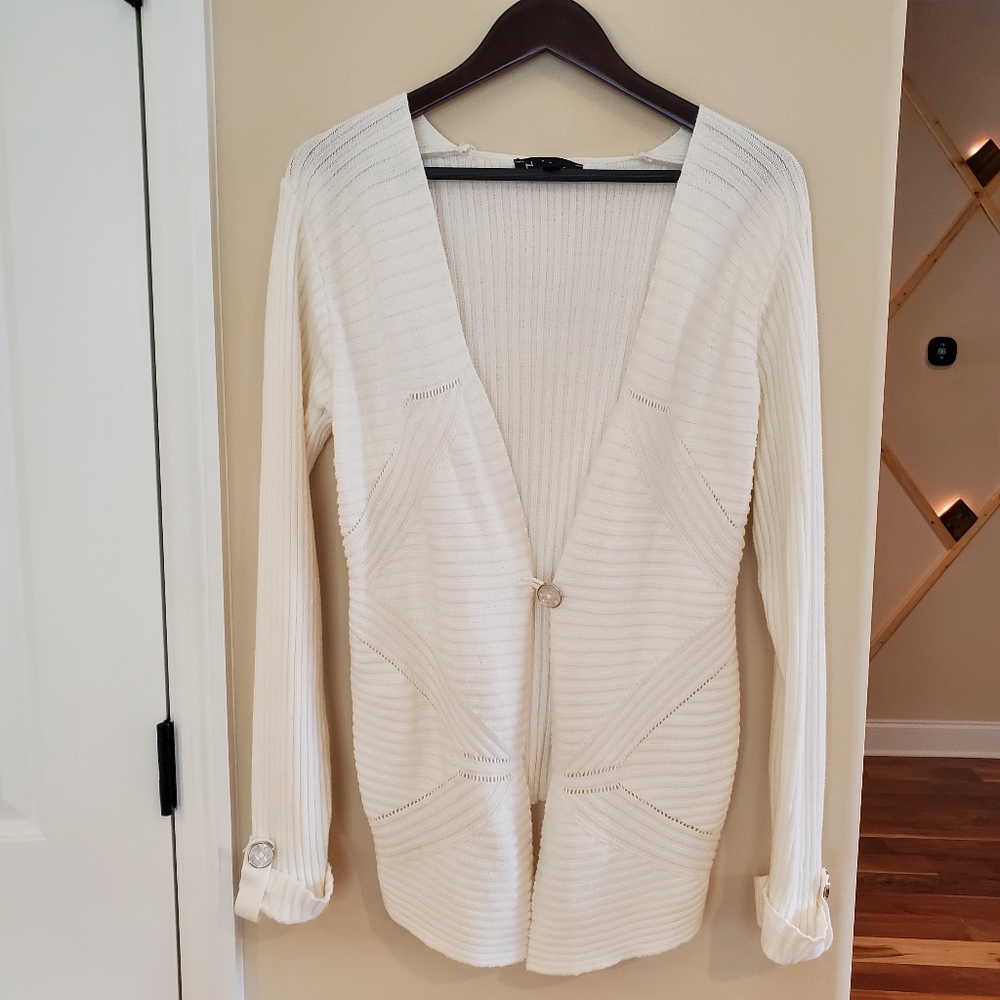 N Touch Drape Crochet High Low Cardigan Long Sleeve Sweater White Large